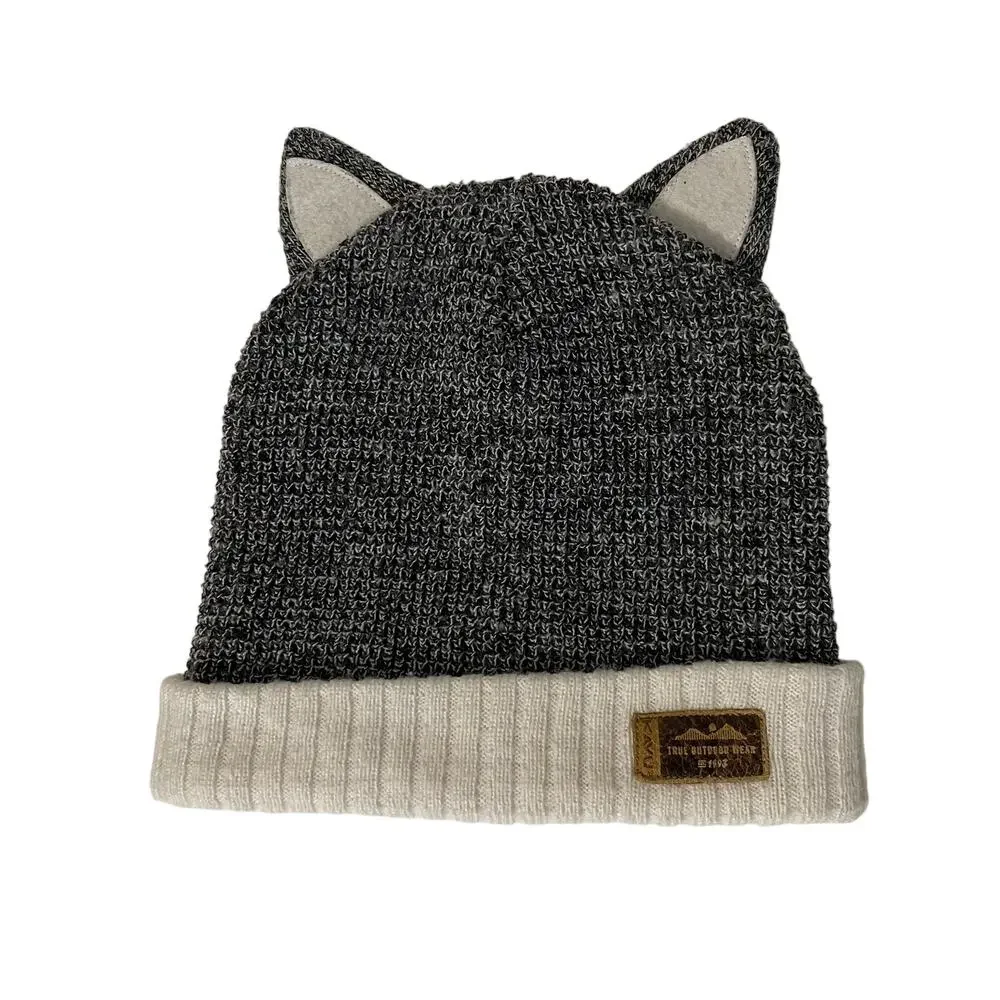 KAVU Kids Cat Ears Stocking Hat Knit Beanie Youth One Size Charcoal Cream